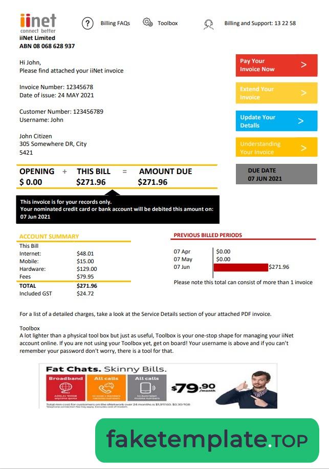 Feature of fake Australia iiNet utility utility bill example